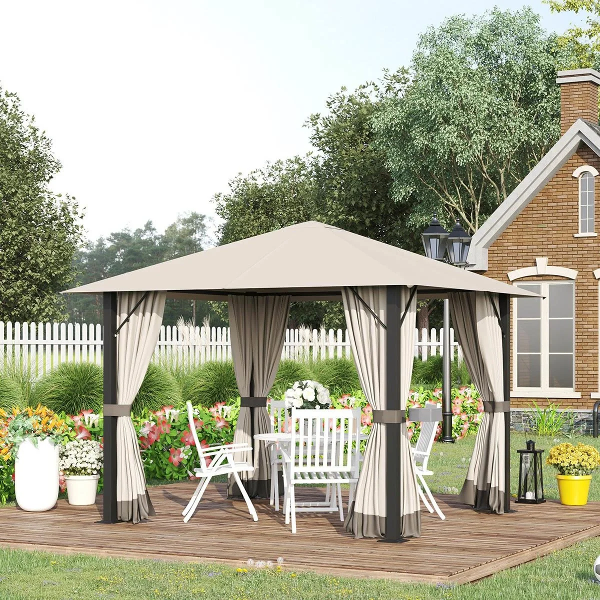Gartenpavillon Gazebo 3 x 3 m mit Lüftungsschlitzen und 4 x Seitenteilen Wetterfest Aluminium Polyester khaki - 5