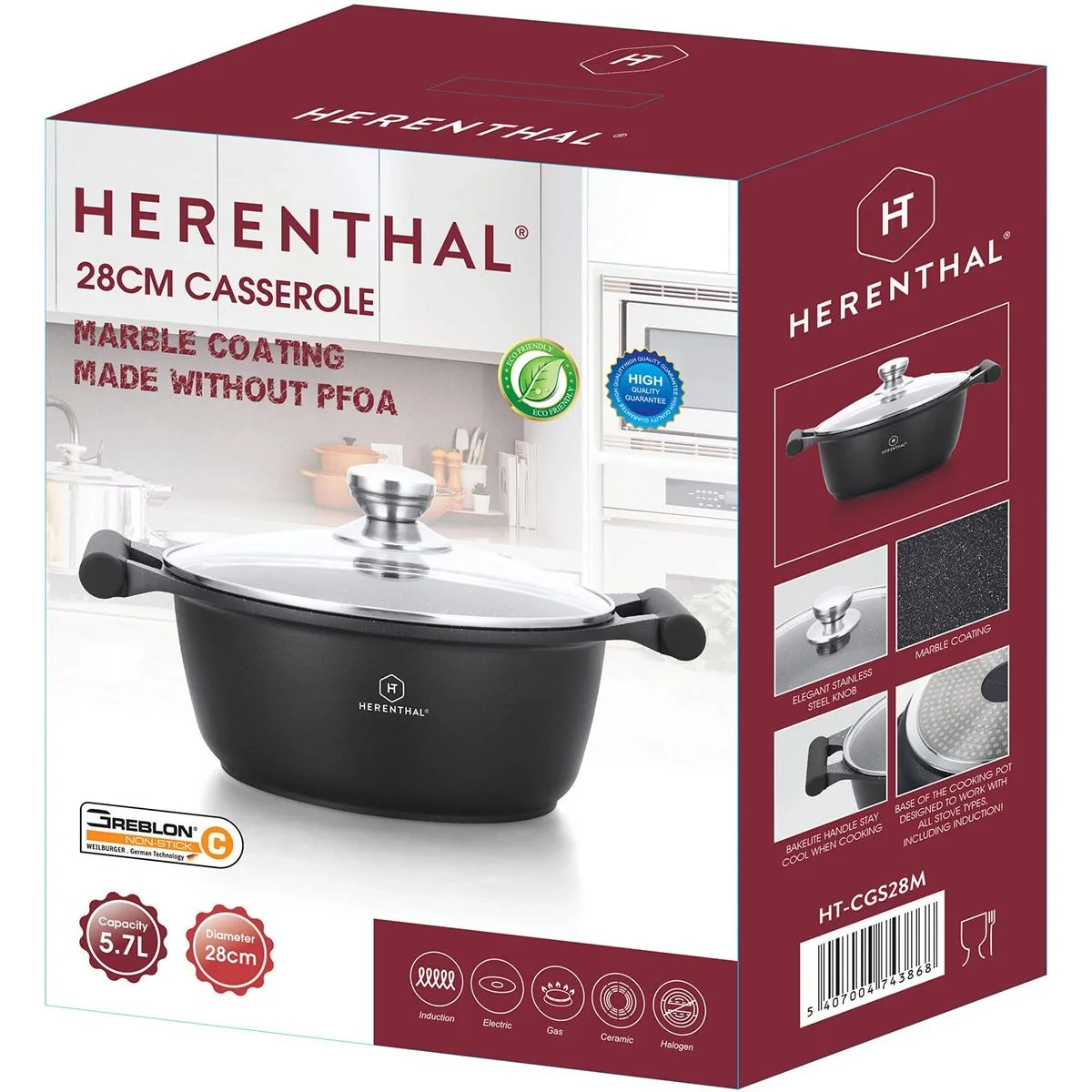 Herenthal Schmorpfanne - Marmorbeschichtung - mit Glasdeckel- 28cm - 2