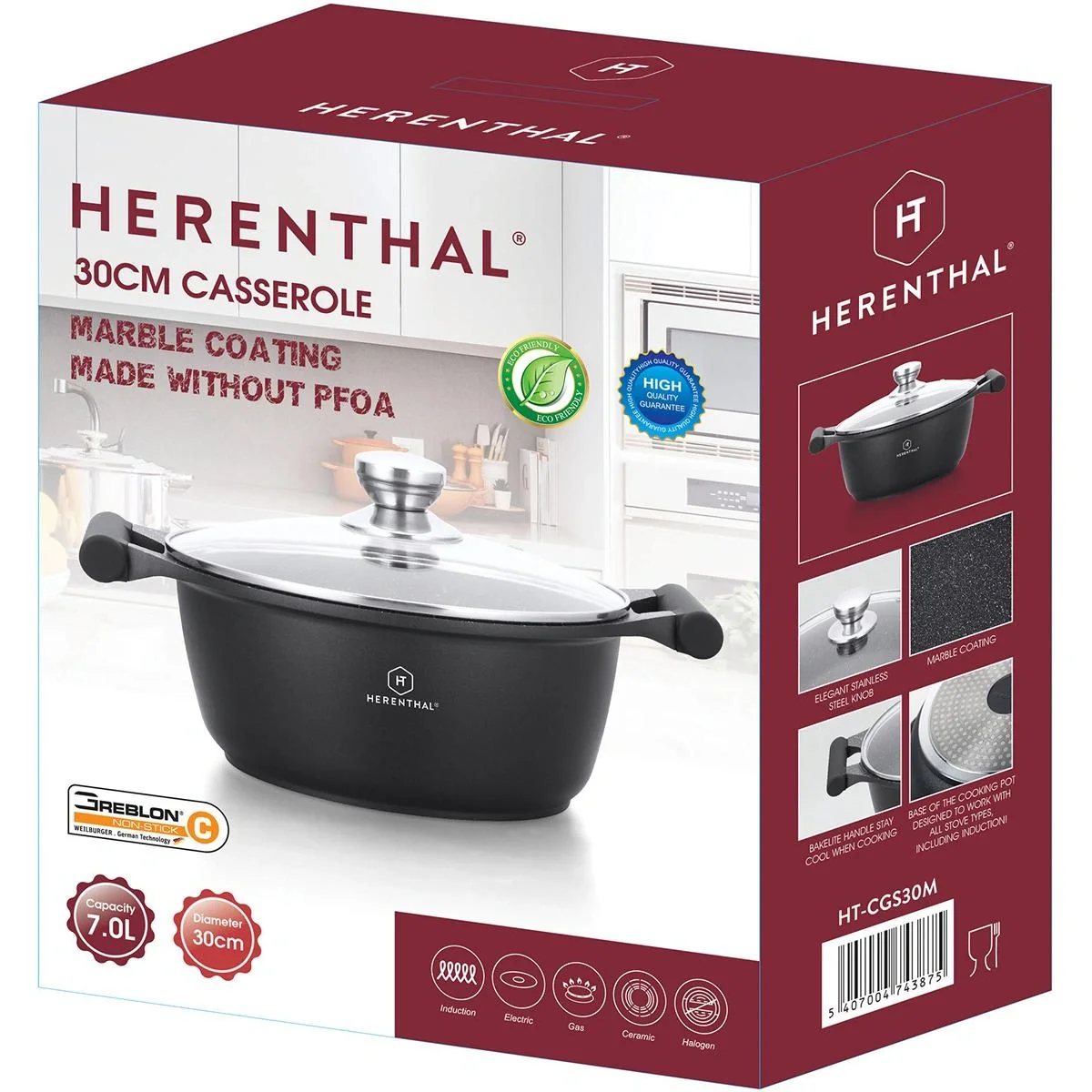 Herenthal Schmorpfanne - Marmorbeschichtung - mit Glasdeckel- 30cm - 2