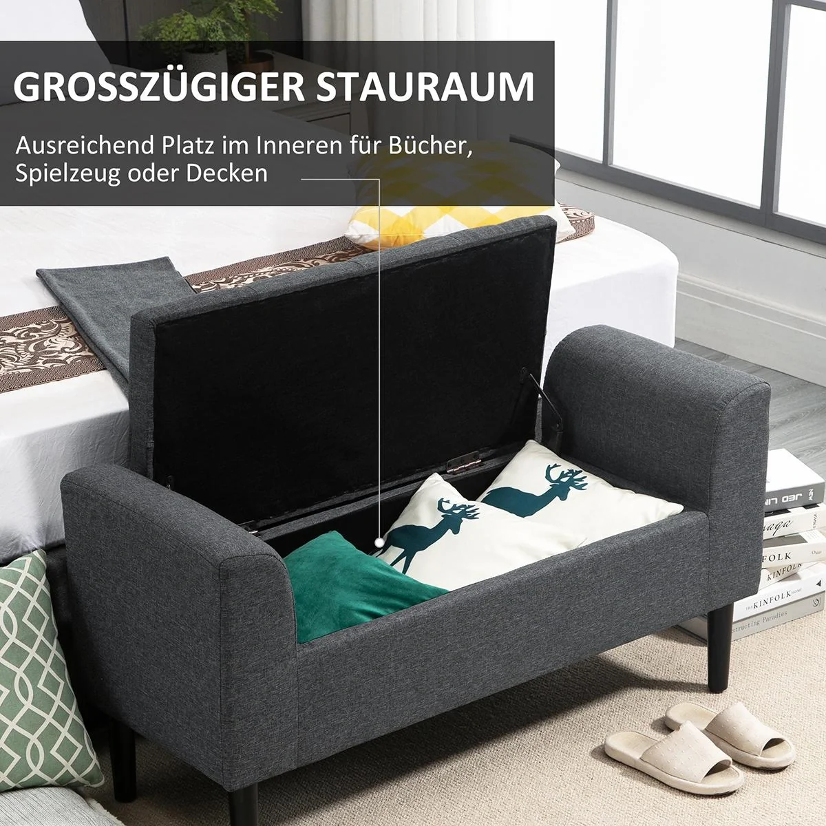 Sitzbank mit Stauraum Polsterbank belastbar bis 130 kg Leinen-Touch Gummiholz Dunkelgrau 116 x 44 x 58 cm - 3