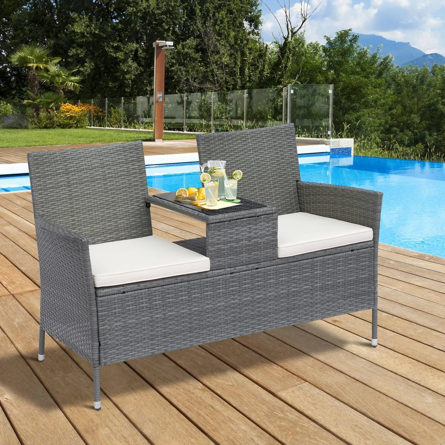 Polyrattan Gartenbank Gartensofa mit Tisch 2-Sitzer Stahl - 5