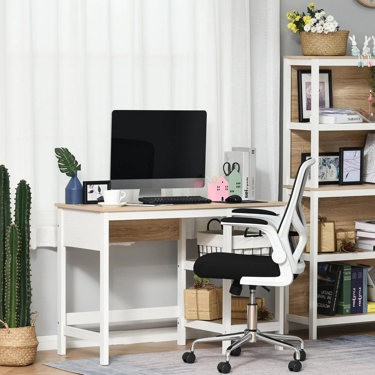 Schreibtisch mit 2 Ebenen Regal, Computertisch, Bürotisch, MDF, Natur+Weiß, 110 x 48 x 76,2 cm - 5