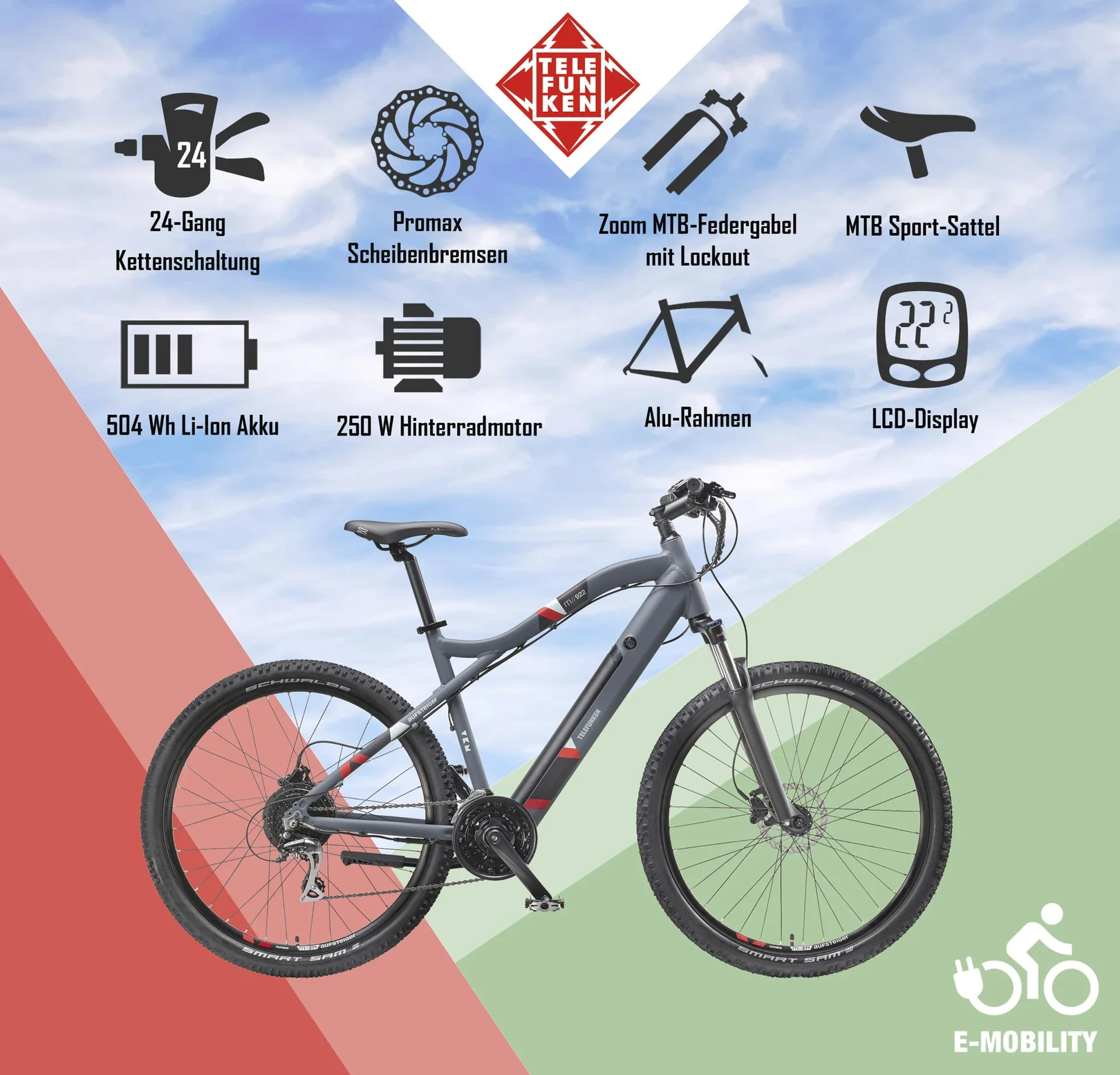 Unisex Alu MTB E-Bike, 29 Zoll, 24-Gang Kettenschaltung, grau, Aufsteiger M922 Hardtail - 9
