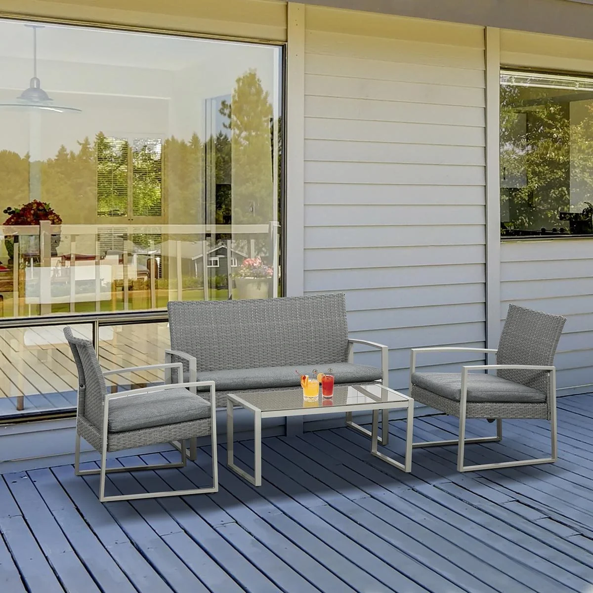 Polyrattan Sitzgarnitur 4 tlg. Sitzgruppe Gartenset Sofagarnitur Gartenmöbel Set Lounge Metall modern Grau - 4