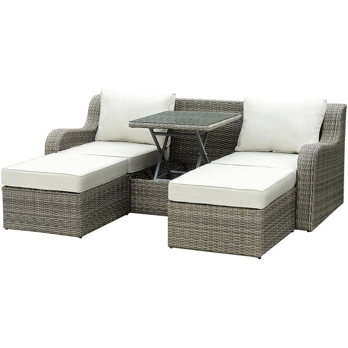 Dreiteilige Sofagarnitur in Rattanoptik mit klappbarem Beistelltisch, hellgrau+beige - 6