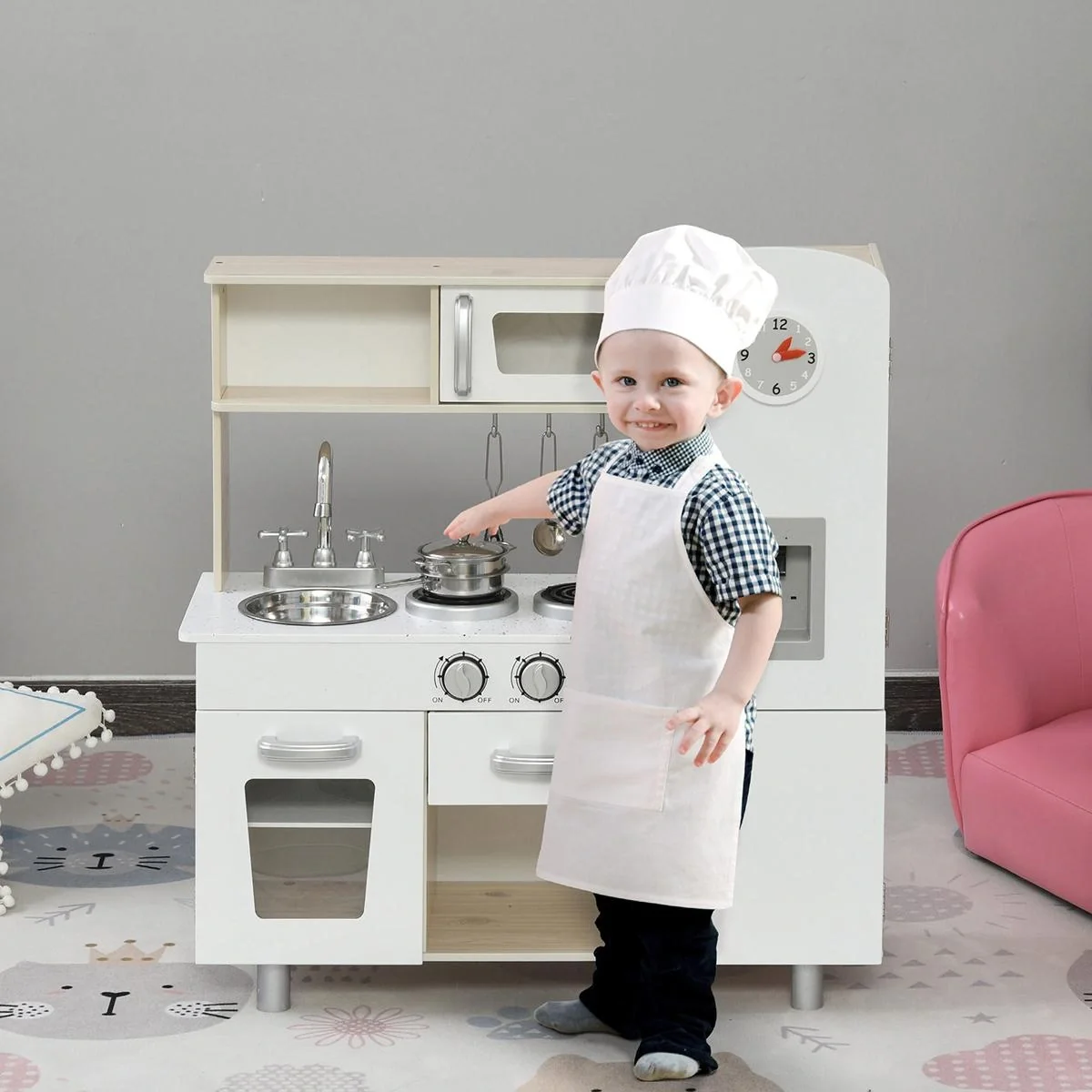 Kinderküche mit Zubehör, Traumküche, Spielküche, Spielzeugküche für 3 Jahre+, Kiefer, MDF, Weiß, 74 x 30 x 81 cm - 3