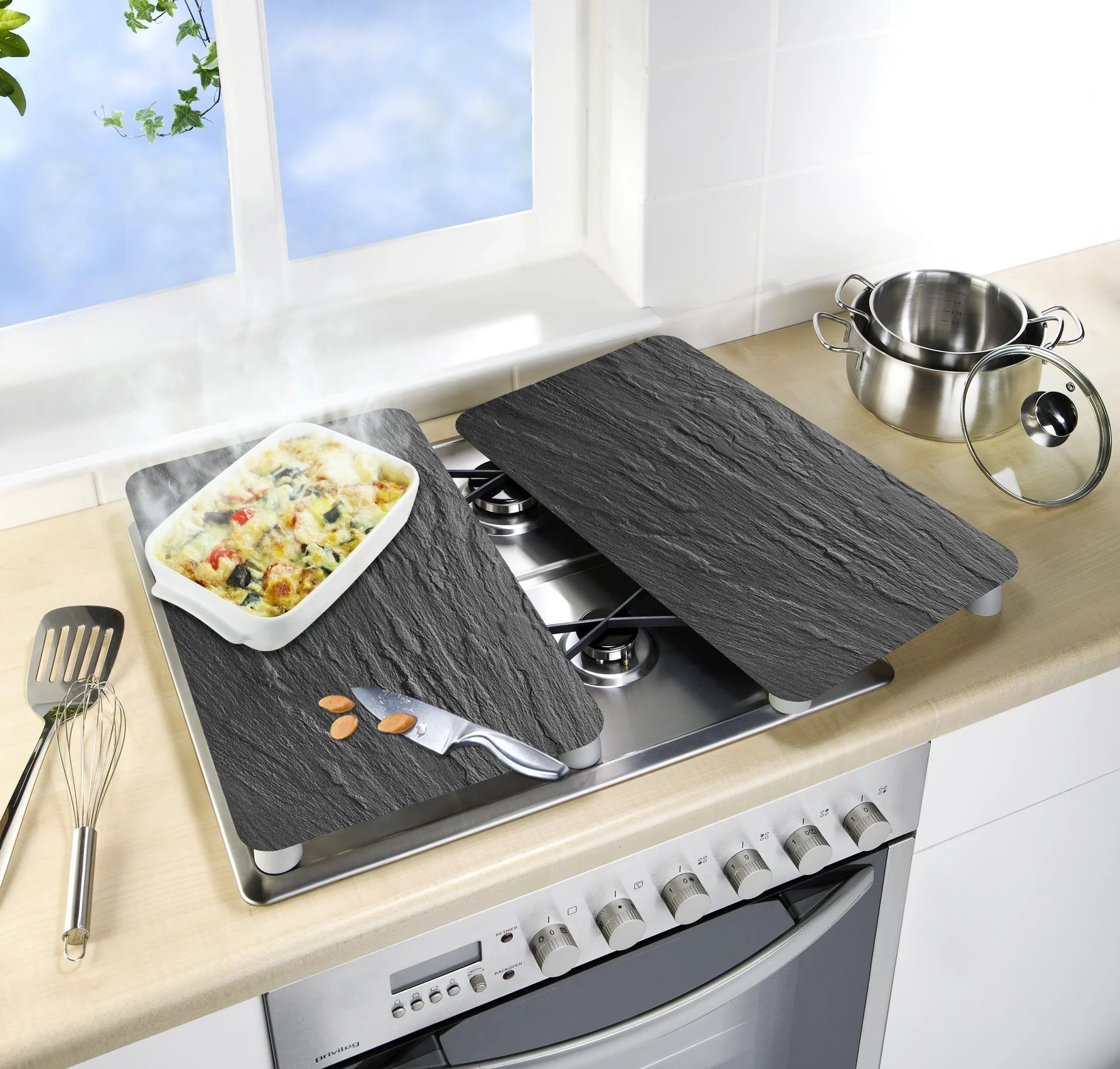 3 in 1 Herd-Abdeckplatten, Schneidbretter, Arbeitsplatten, Glas, in Schiefer-Optik, je 52 x 30 cm, 2er-Set - 7
