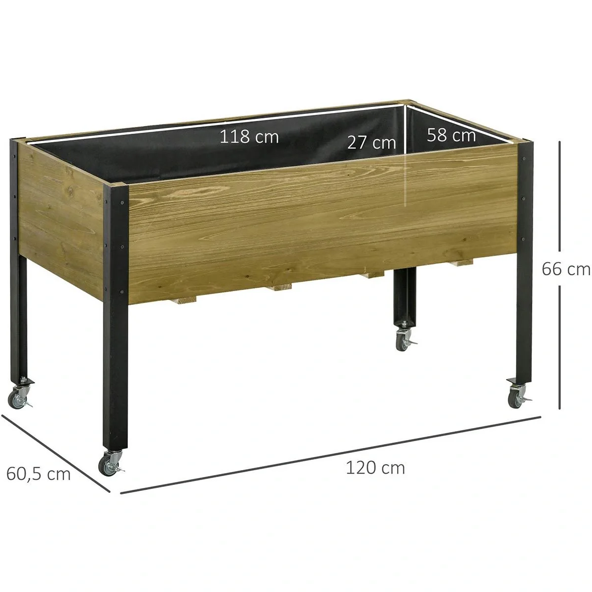 Hochbeet mit Rädern Pflanztisch Blumenkasten mit Abfluss Massivholz Vliesstoff Hellbraun 120 x 60,5 x 66 cm - 5
