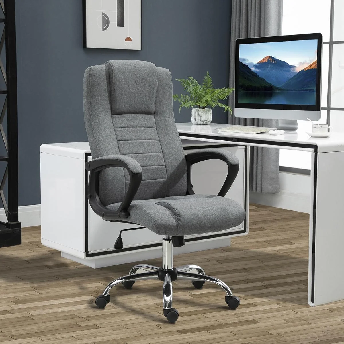 Bürostuhl Computerstuhl mit Wippenfunktion Kopfstütze ergonomischer Schreibtischstuhl drehbar höhenverstellbar Leinen-To - 1
