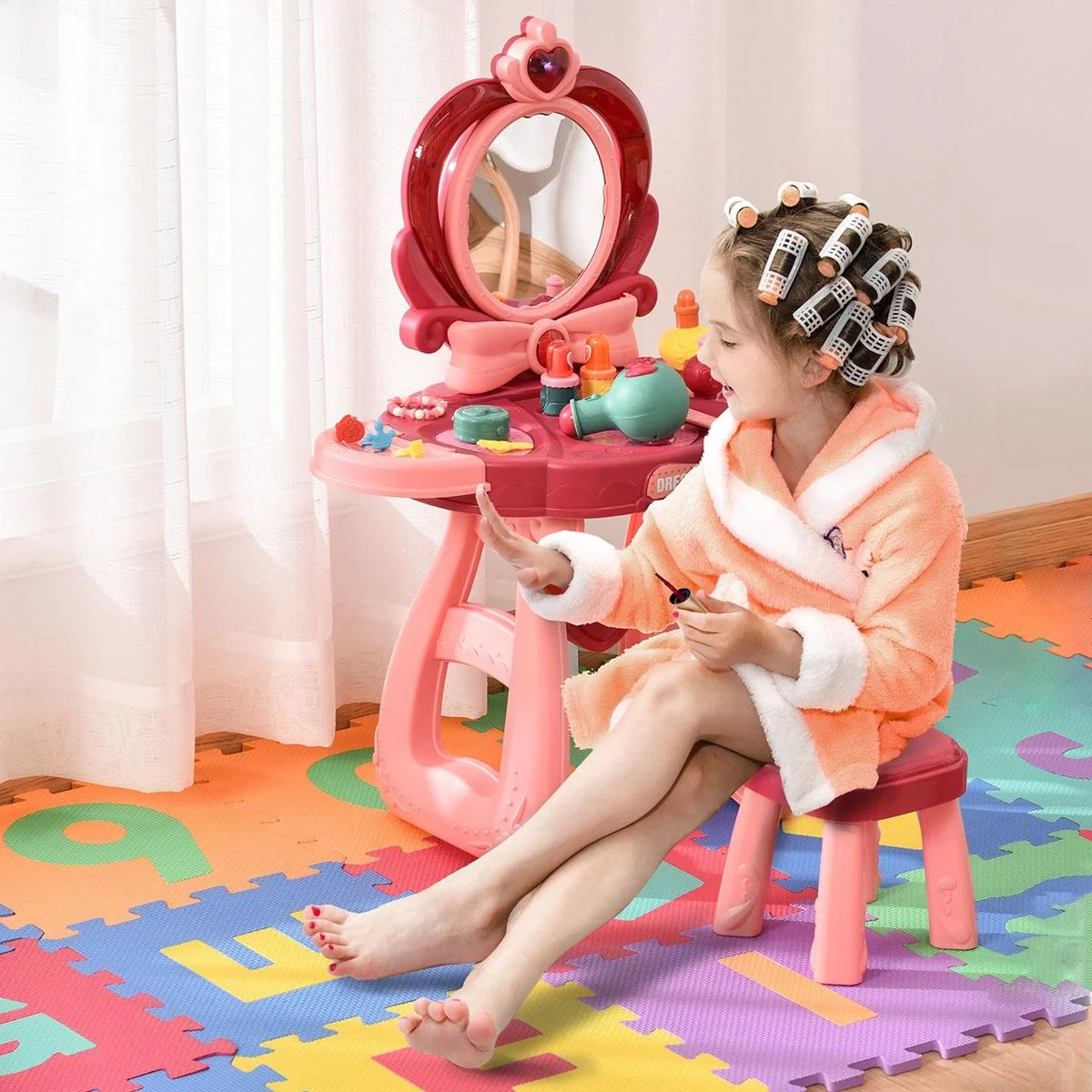 Kinderschminktisch mit Spiegel Hocker Frisiertisch mit reichhaltigem Zubehör 5 Musikstücke Licht für Mädchen ab 3 Jahre - 4