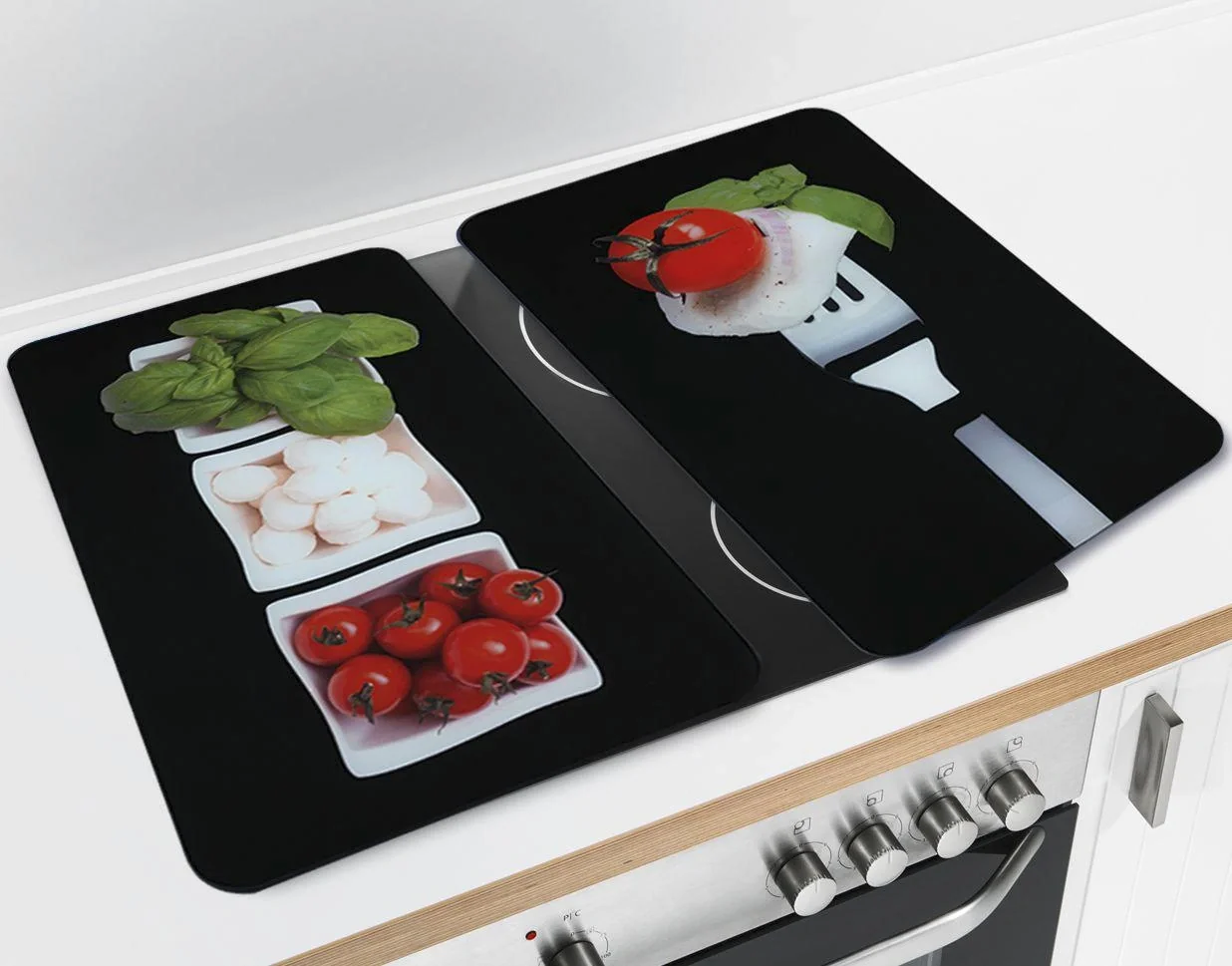 3 in 1 Herd-Abdeckplatten, Schneidbretter, Arbeitsplatten, Glas, Caprese-Design, je 52 x 30 cm, 2er-Set - 8