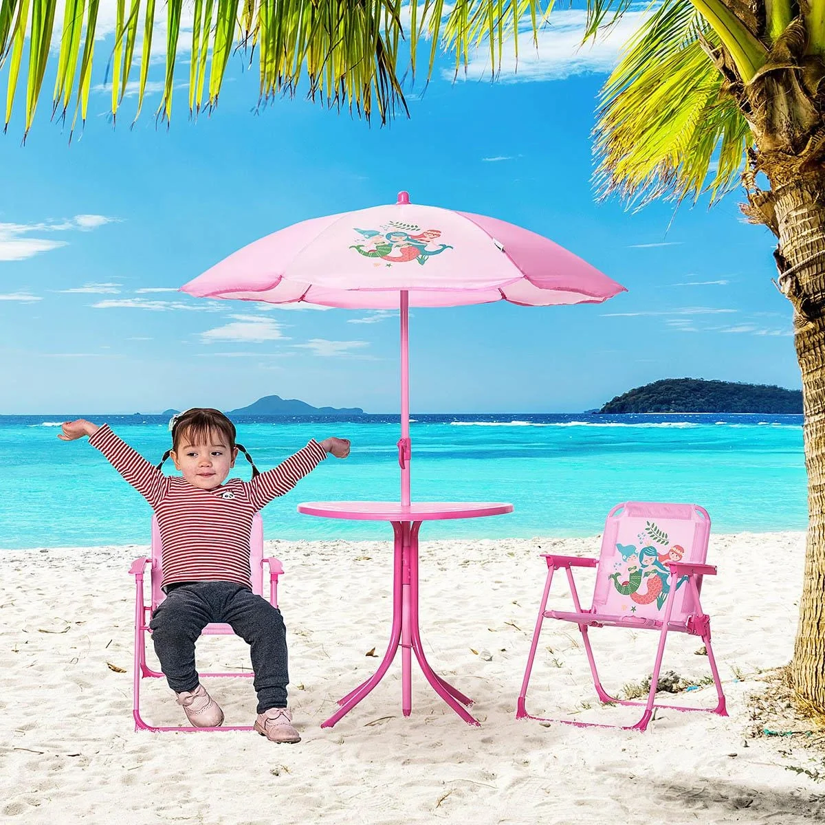 4 Stück Kindermöbel Set Gartentisch 2 Klappstühle Sonnenschirm Camping Kindersitz Set Gartenmöbel für 3-6 Jahre rosa - 5