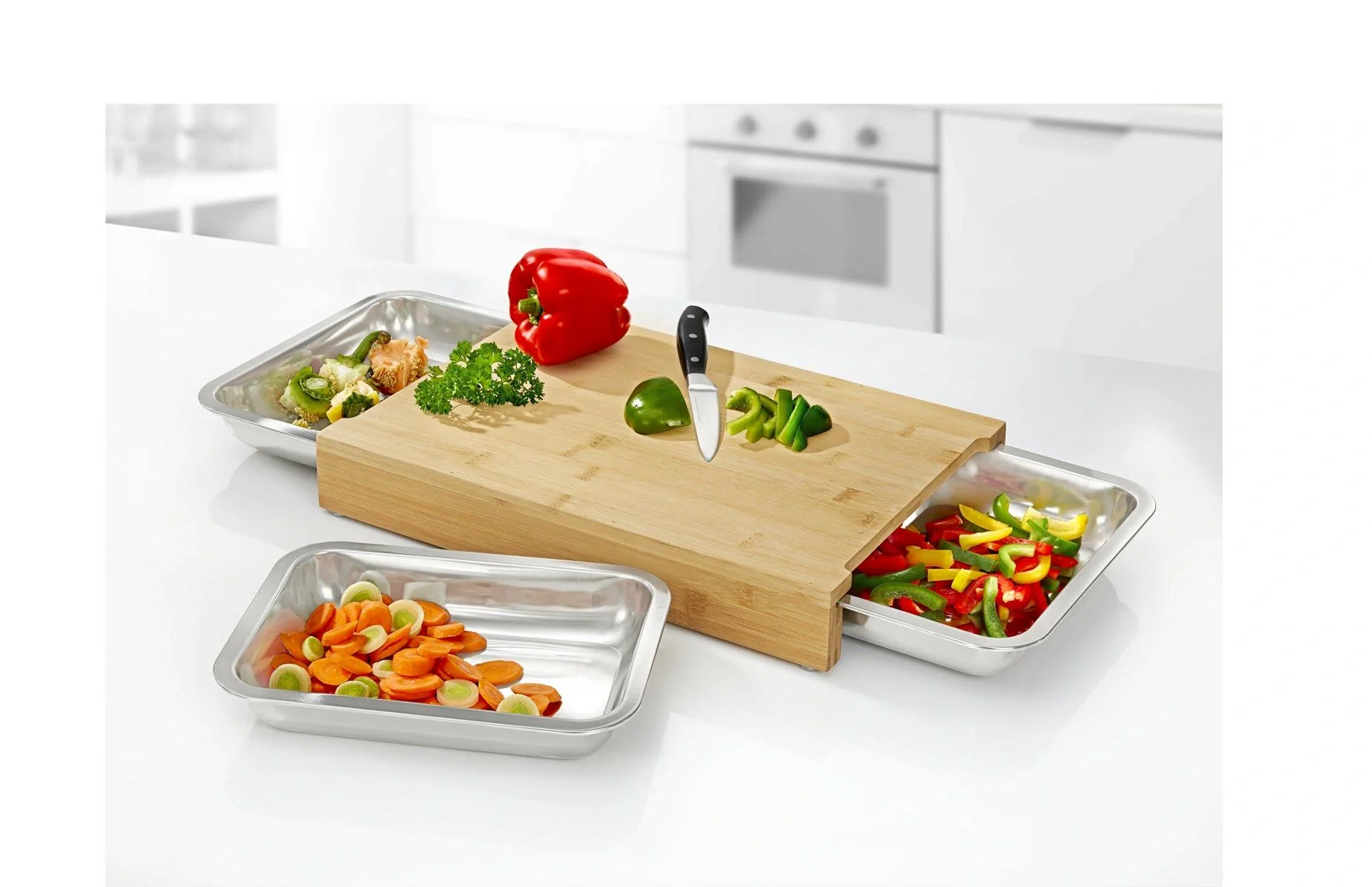Jumbo SchneidCenter - Bambus Schneidbrett mit 3 Edelstahl Auffangschalen, 4-teilig - 3