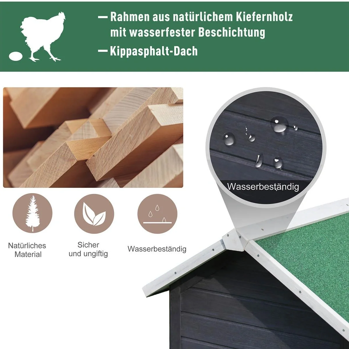 Hühnerstall modern Hühnerhaus mit Nistkasten und einem komplett überdachter Laufstall, Grau, Tannenholz, Metalldraht, As - 6