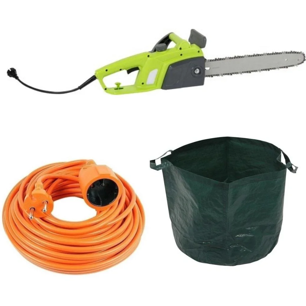 Garten-Kettensäge - 1800 Watt - Blattlänge 350mm + INCL Gartenabfallsack - 65 L und Vekto-Verlängerungskabel 10 Meter - 1