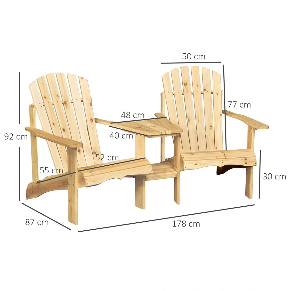 Adirondack Gartenstuhl mit Tisch und Schirmloch 2 Sitzer Gartensessel Sitzgruppe Gartenmöbel für Balkon Massivholz Natur - 5