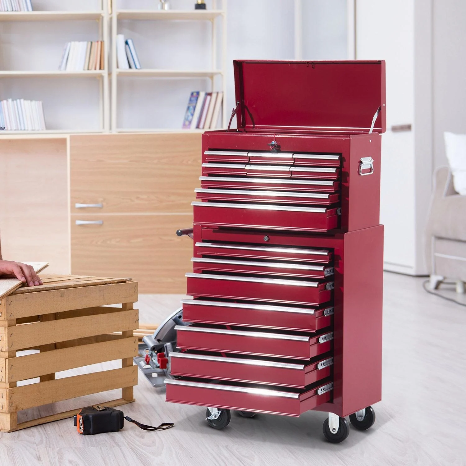 Fahrbarer Werkstattwagen, abschließbar mit 16 Schubladen, rot - 5