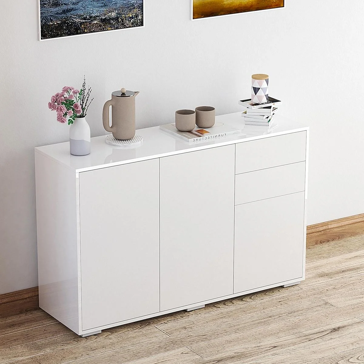 Standschrank Aufbewahrungsschrank Mehrzweckschrank Aktenschrank Kommode 2 Schublade 3 Türen E1 Spanplatte Hochglanz Weiß - 4