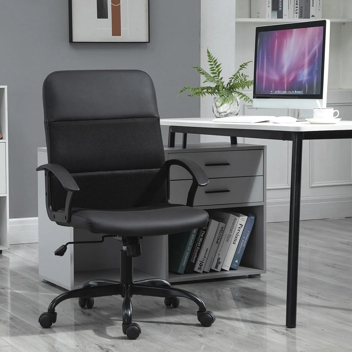 Ergonomischer Bürostuhl, Höhenverstellbarer Schreibtischstuhl, Drehstuhl, PVC + Netz Bezug, Schwarz, 60 x 64 x 99-107 cm - 3