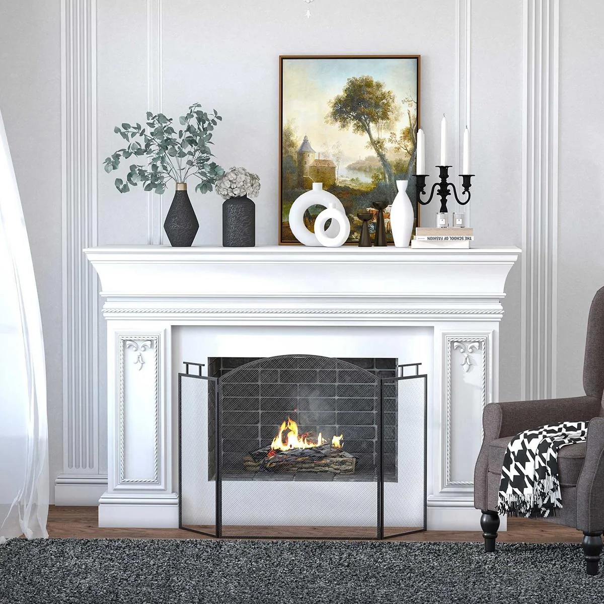 Kaminschutzgitter Funkenschutzgitter mit Netz Eisengitter Kaminschirm zusammengefaltet dreiteilige Design Metall Schwarz - 4