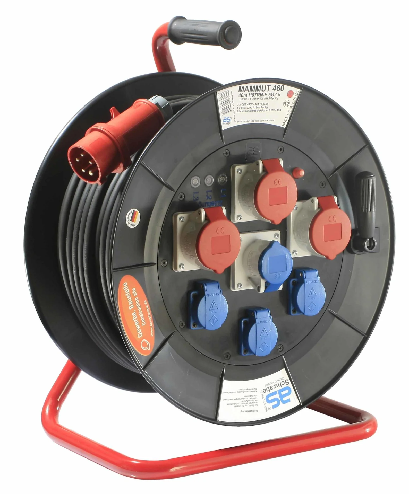 Profi-Trommel Mammut 460 Version 2, 40m, 3 Steckdosen 230V, 3+1-CEE Steckdosen, mit Trage- und Fußgestell - 2