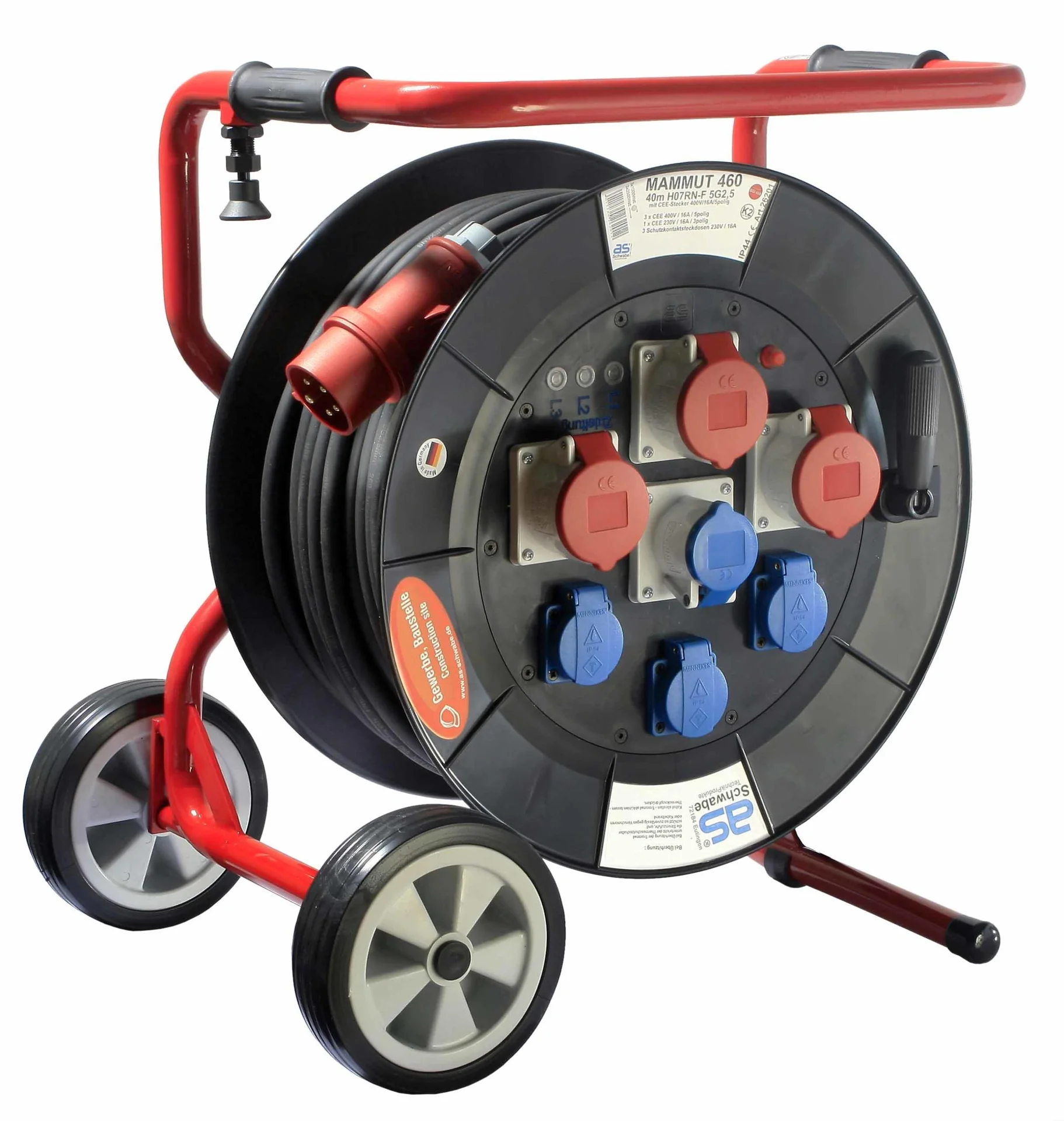 Profi-Trommel Mammut 460 Version 2, 40m, 3 Steckdosen 230V, 3+1-CEE Steckdosen, mit klappbarem Fußgestell - 2