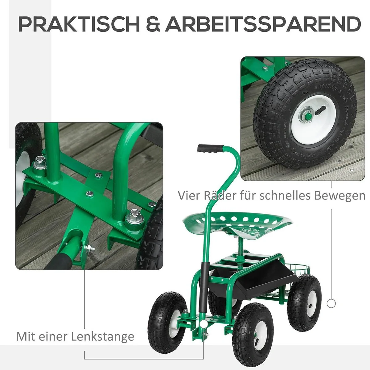 Gartenwagen mit Rollsitz bis 150 kg mit Ablage Korb für kleine Gartengeräte Werkstattwagen fahrbar Gartensitz Richtung s - 5