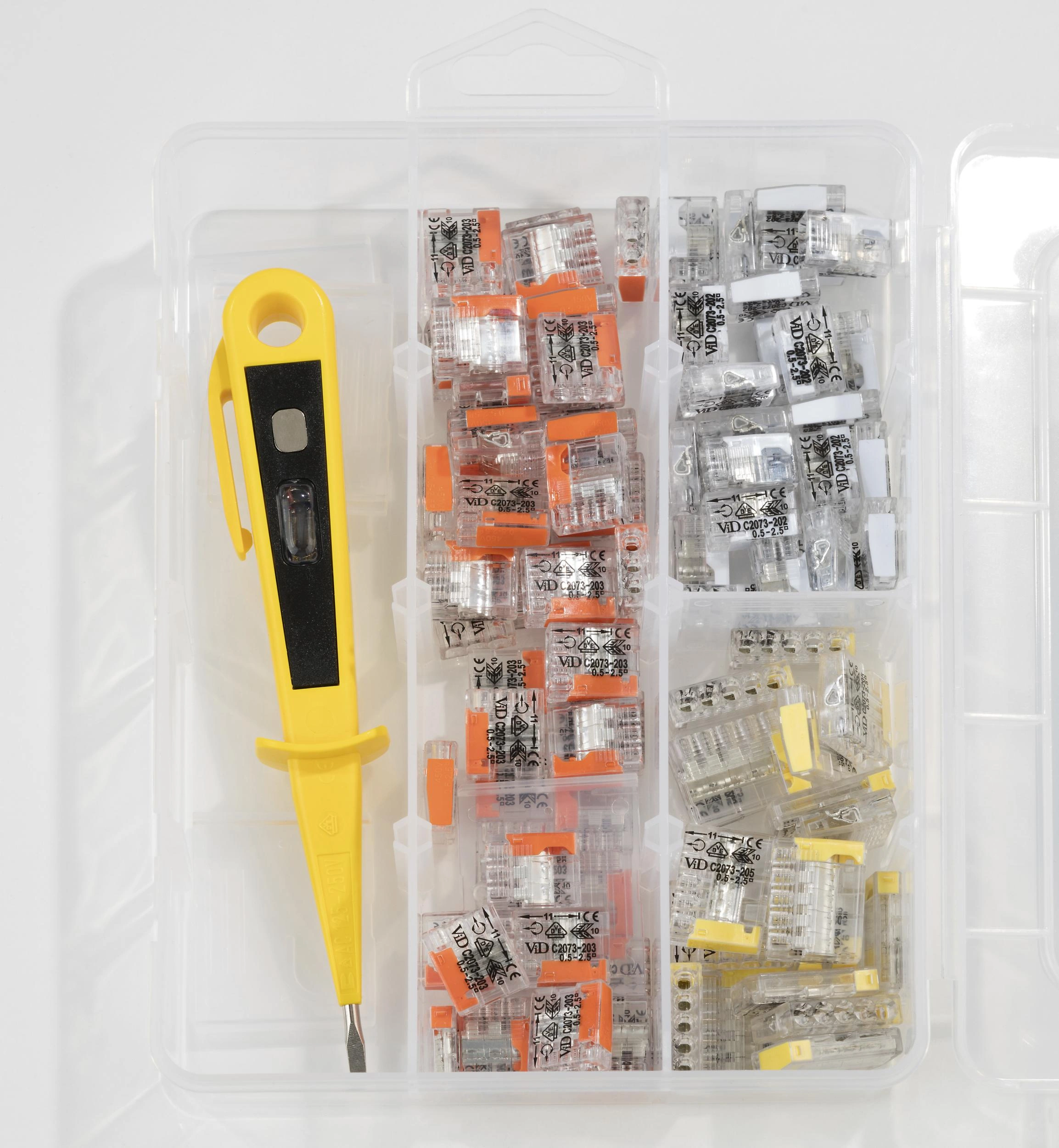 Sortimentsbox 101-teilig mit Steckklemmen 0,5 - 2,5 mm² und Phasenprüfer - 1