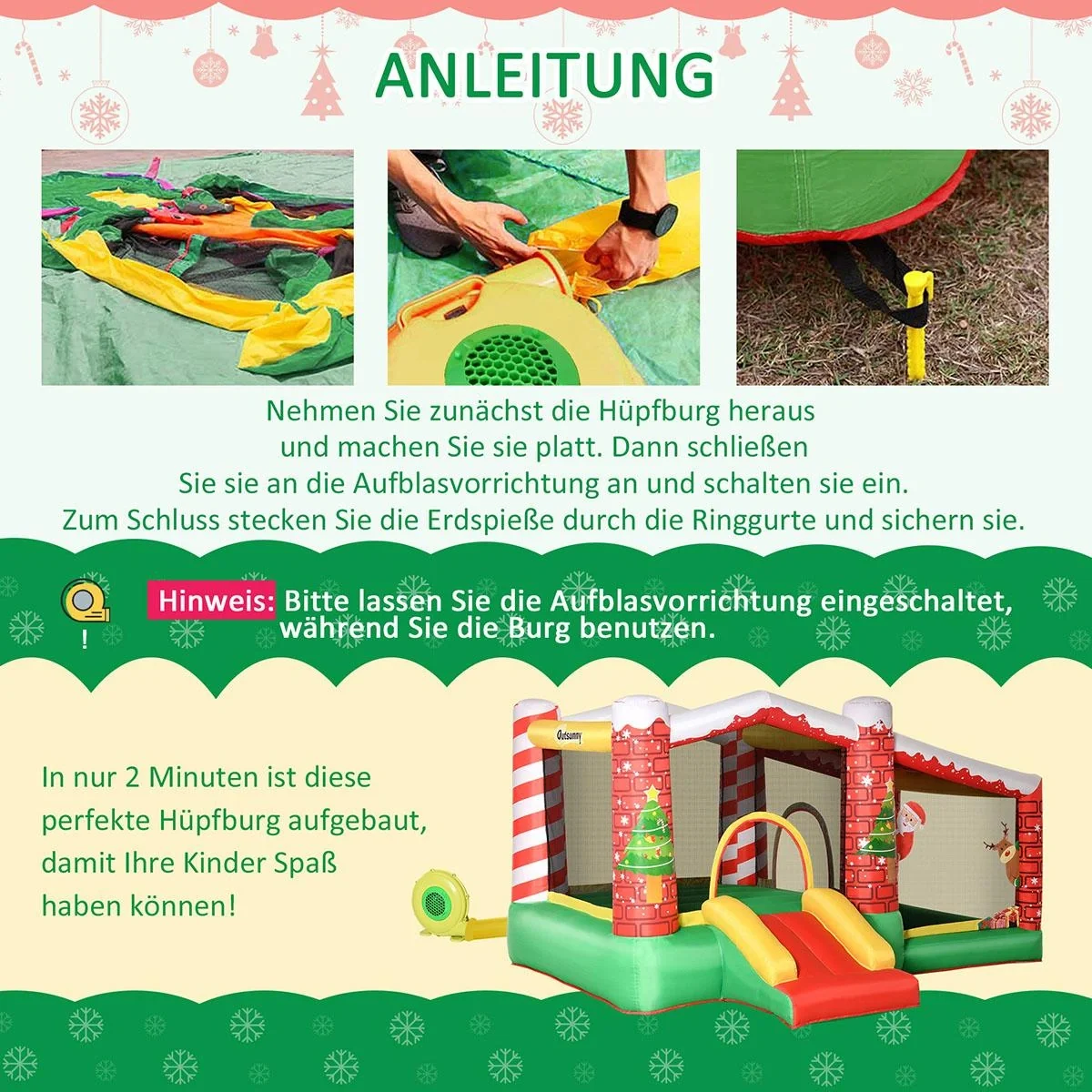 Weihnachten Aufblasbare Hüpfburg für 3 Kinder Springburg mit Gebläse für 3-8 Jahre Rot+Grün 325 x 270 x 175 cm - 5