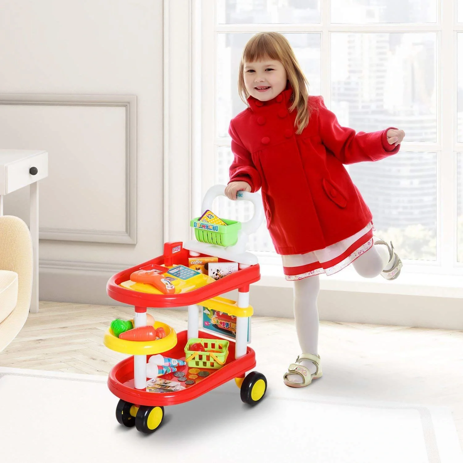 Kinder Supermarkt Warenkorb Kassierer Trolly Rollenspiel Spielzeug Rot - 7