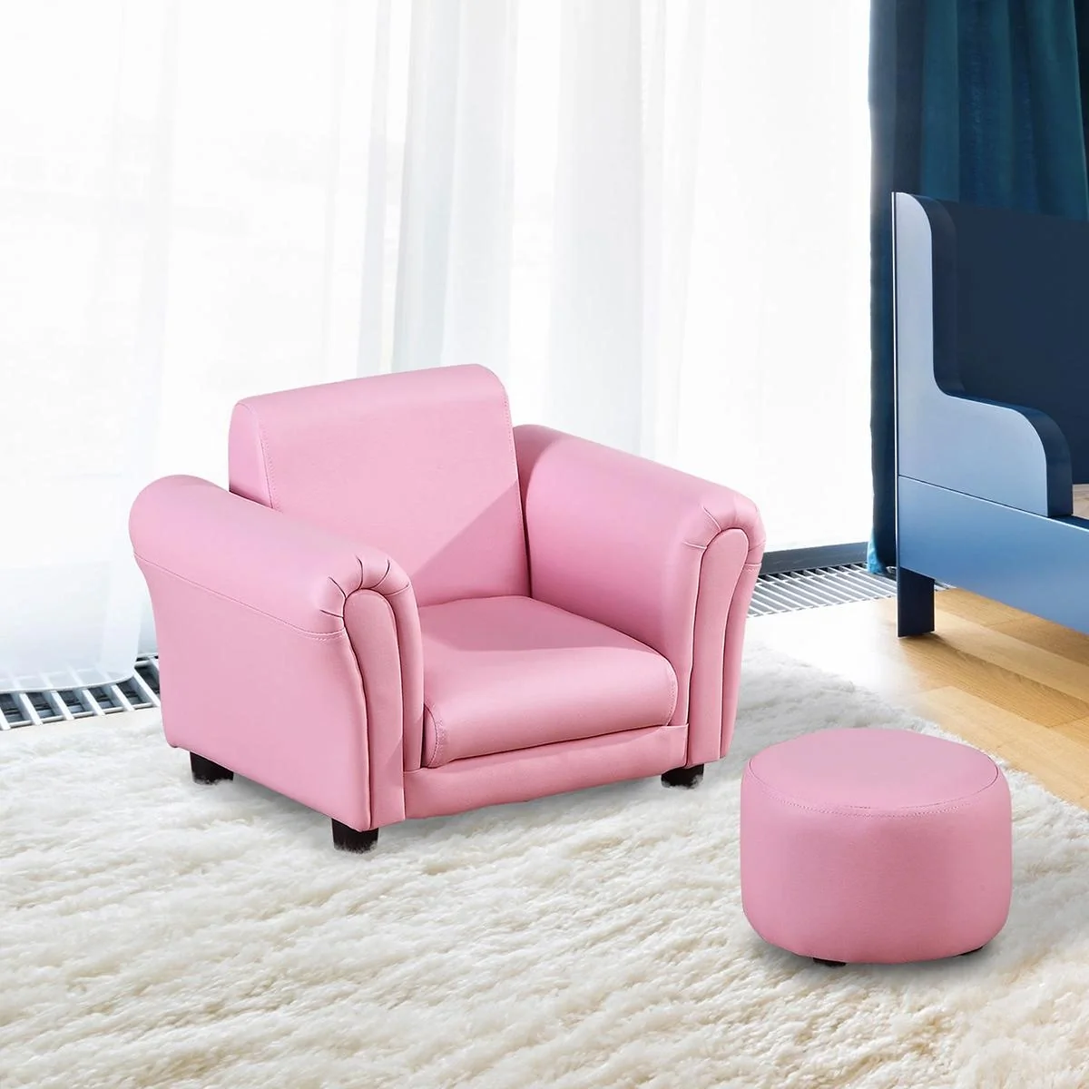 Kindersessel mit Fußhocker Kindercouch Kindersofa Minisofa Kindermöbel Holz Rosa - 2