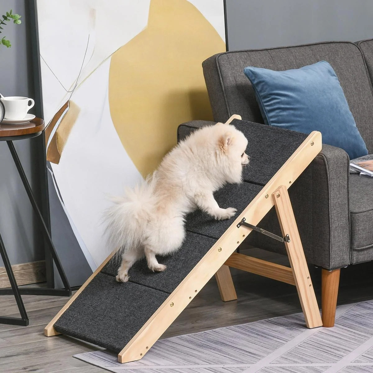Haustiertreppe 2-in1 Hunderampe Katzentreppe Hundetreppe Faltbar Tiertreppe Kiefernholz Natur+Schwarz 80 x 47 x 64 cm - 4
