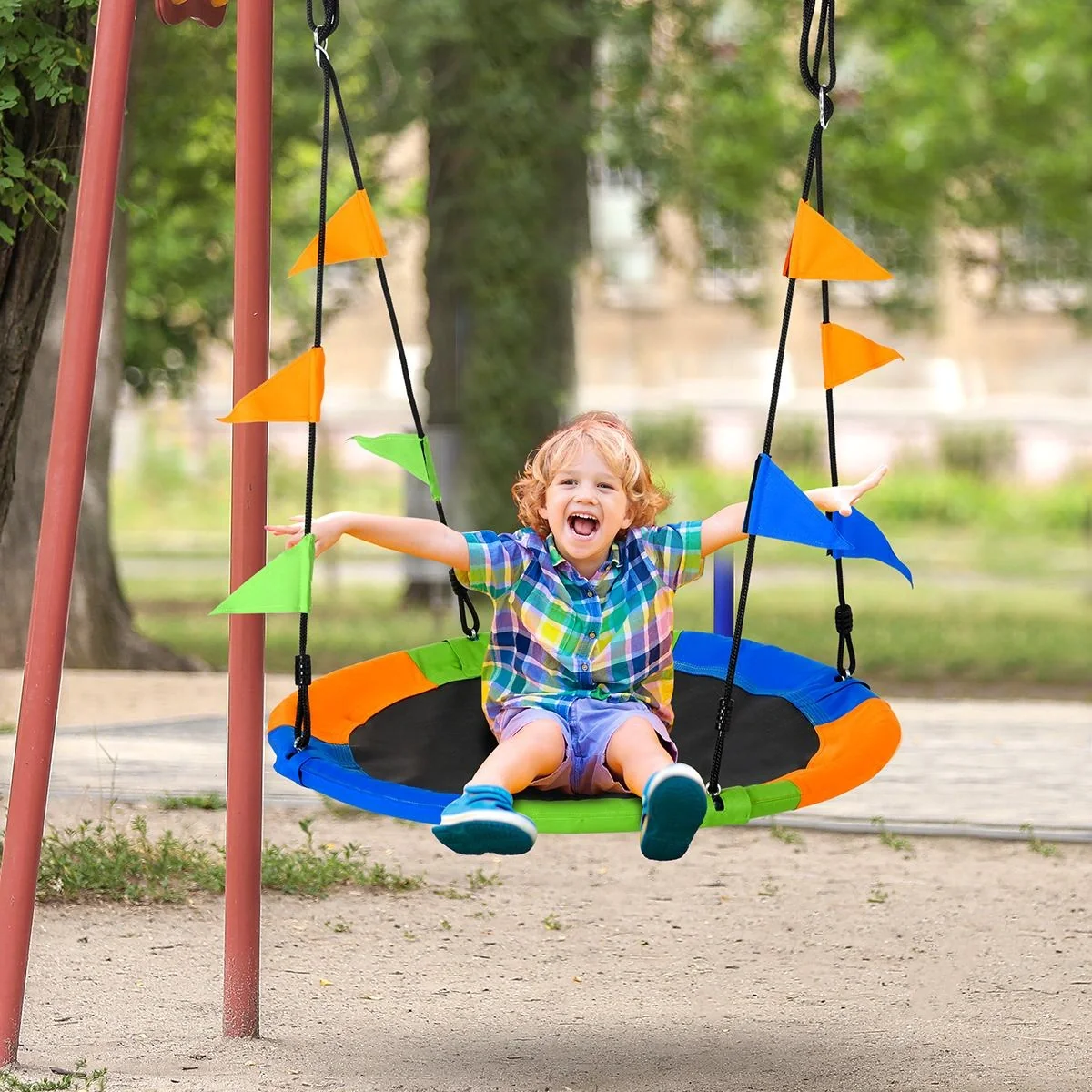 Nestschaukel Tellerschaukel Kinderschaukel Gartenschaukel bis 80 kg belastbar für 3+ Jahre Metall Polyester Blau+Grün+Or - 4