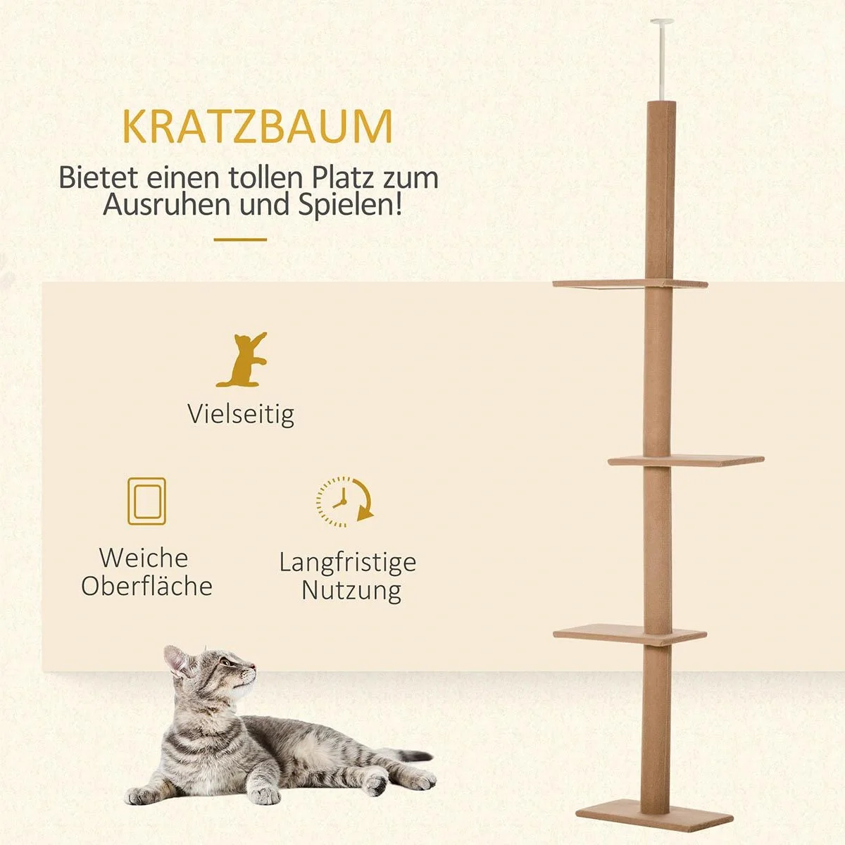 Kratzbaum Katzenbaum Kletterbaum für Katzen Höhenverstellbar Spielbaum Hellbraun 43x27x228-260 cm - 5