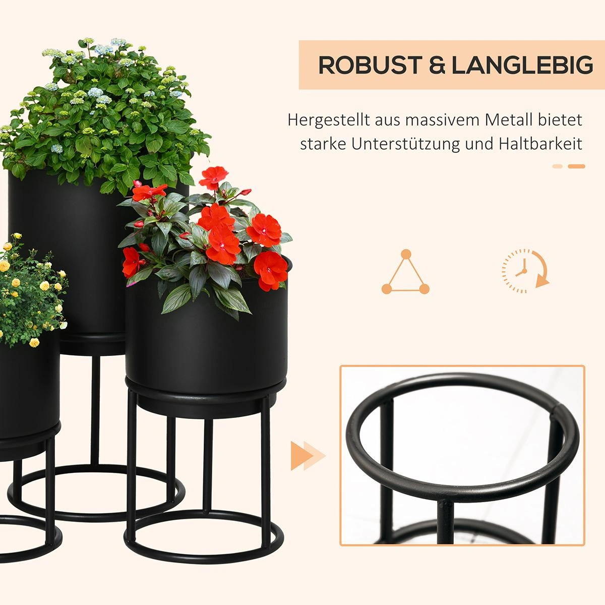 3er Set Blumenständer mit Blumentopf aus Metall Pflanzenständer Set Blumenhocker Blumentopfhalter Pflanzenhocker Schwarz - 6