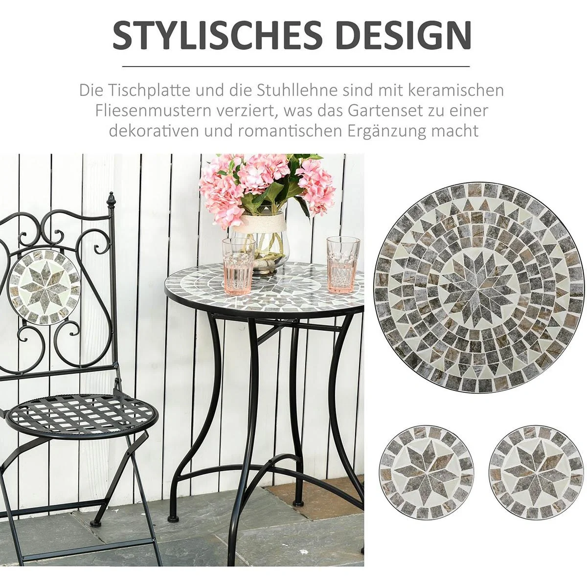 Garten Sitzgruppe 3-teilige Mosaiktisch Essgruppe Gartenmöbel-Set 1 Tisch+2 faltbare Stühle Garten Metall Keramikfliese - 5