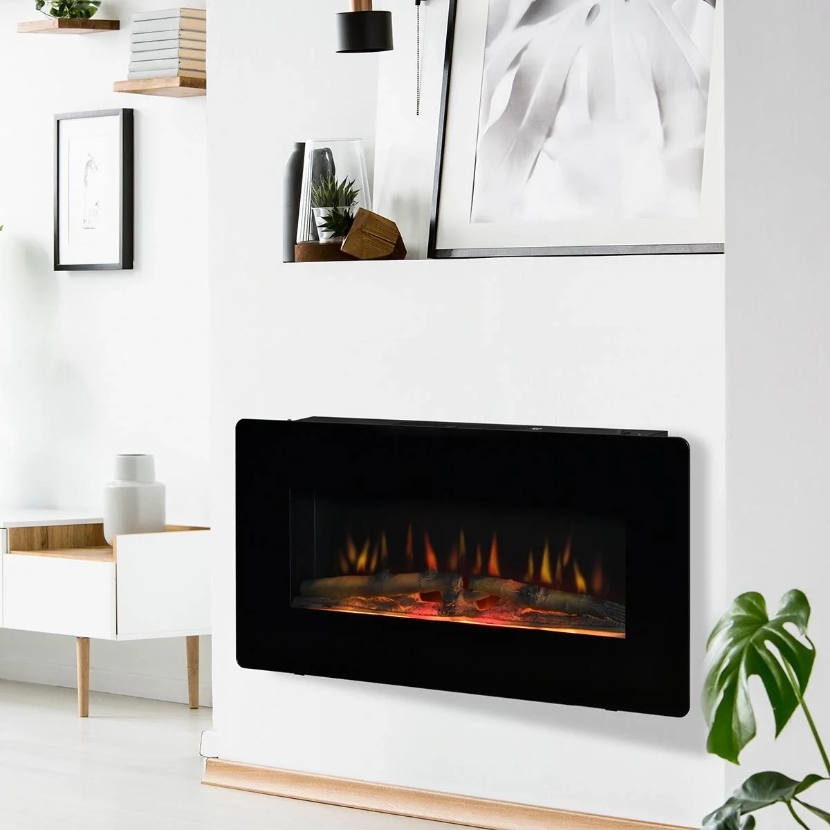 Elektrokamin Standkamin Kaminofen mit Flammeneffekt 1800/2000W Metall gehärtetes Glas Schwarz 91,4 x 11 x 44 cm - 4