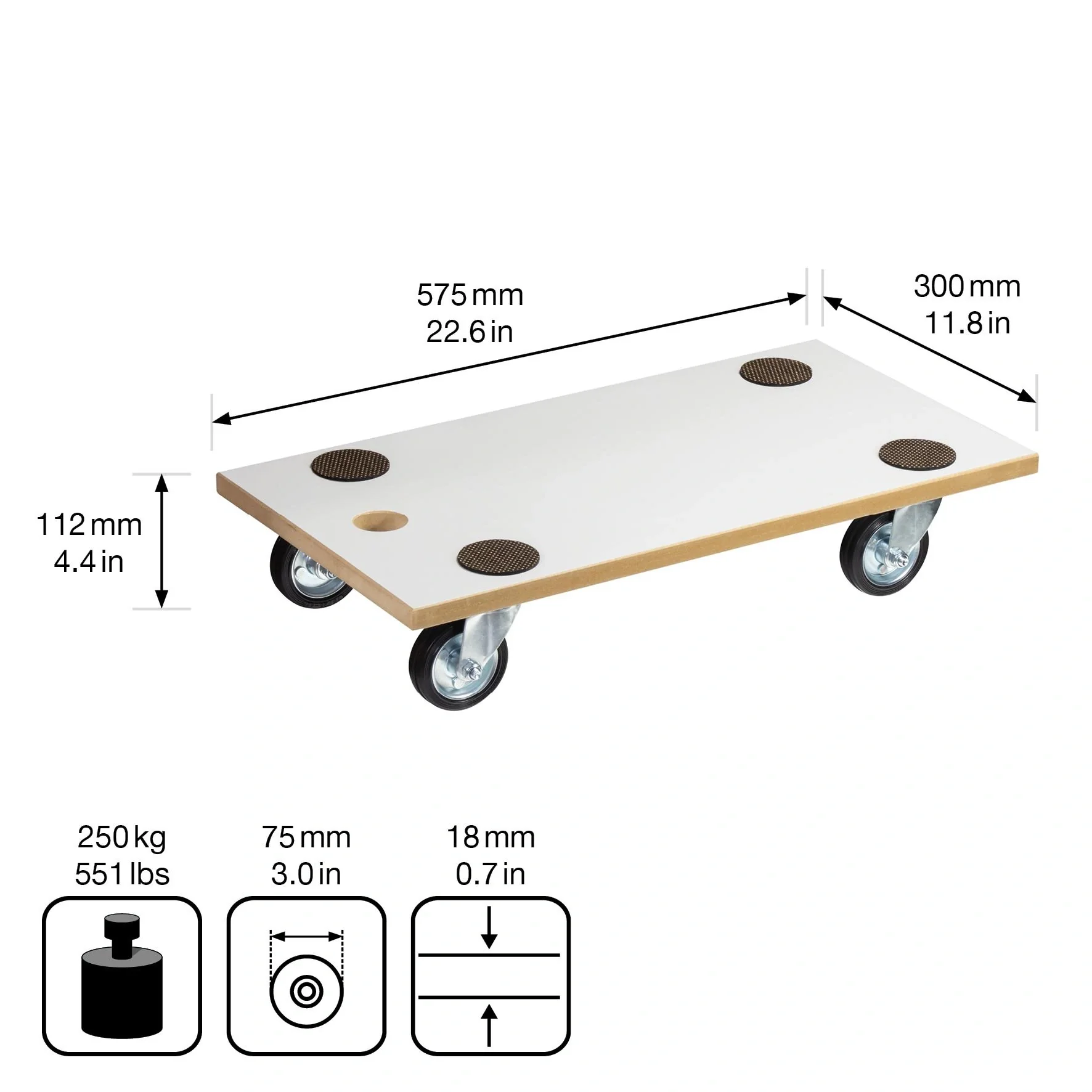 Transporthilfe MM 1316, 57,5 x 30 x 11 cm, Vollgummi Rollen Ø 75 mm, Rollenlager, Tragkraft 250 kg, MDF beschichtet - 7
