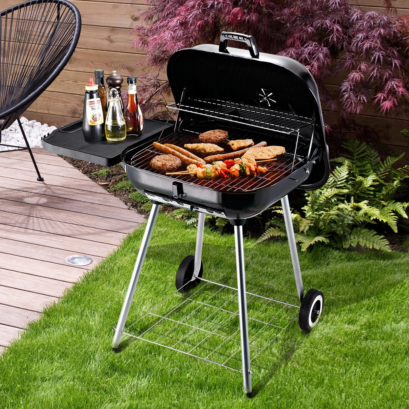 Kohlegrill Grillwagen Standgrill mit Windschutz 2 x Ablagefach Metall Schwarz 96 x 61 x 83 cm - 7