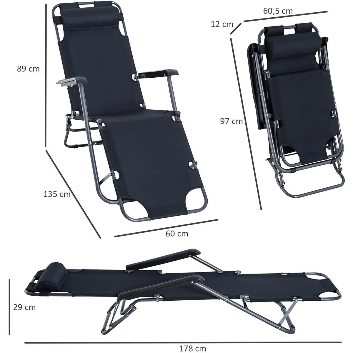 Sonnenliege mit Kissen, Klappbare Strandliege, 2-Stufige Gartenliege , 2-in-1 Relaxliege, Metall + Oxfordstoff, Schwarz - 5