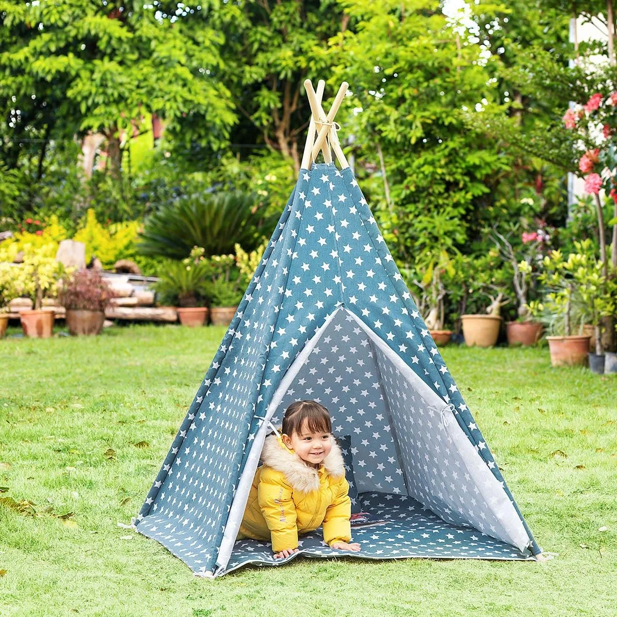 Tipi-Zelt für Kinder mit Bodenmatte und Kopfkissen, Blau+Weiß, 120 x 120 x 155 cm - 5