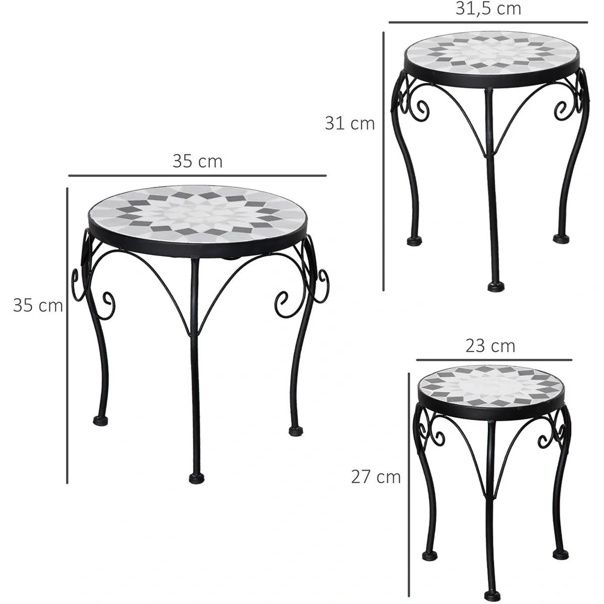 Pflanzentische Metall mit Keramikplatte Retro-Look Höhen 27, 31, 35 cm - 6
