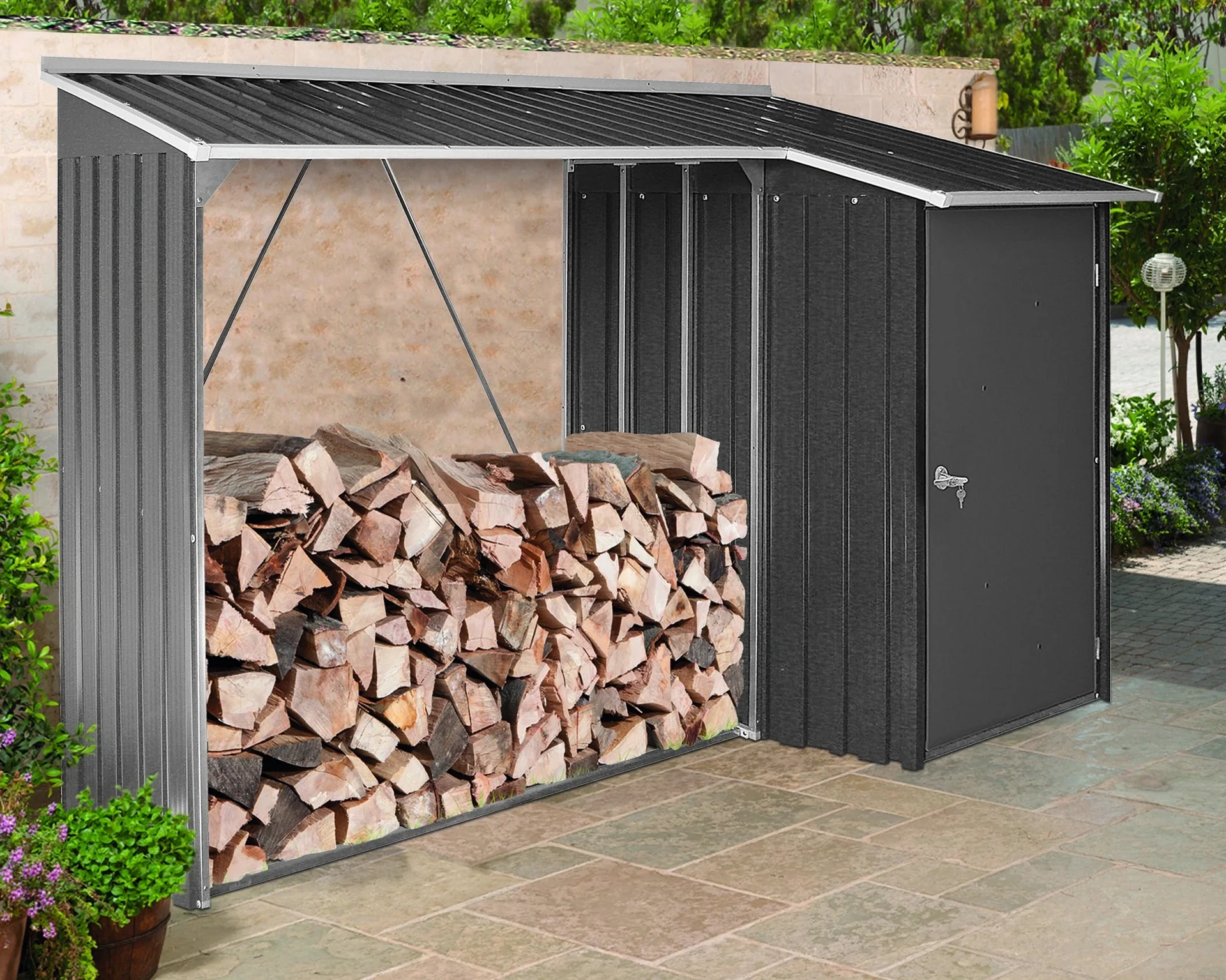 Kaminholzregal mit Aufbewahrungsschrank anthrazit - 3