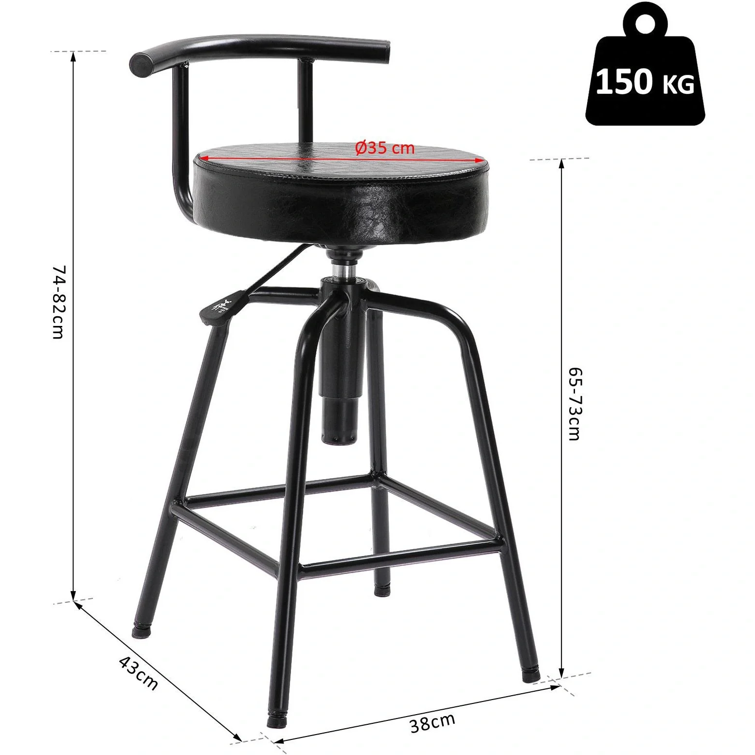 Barstuhl Barhocker mit Luftdruckfeder höhenverstellbar PU-Kunstleder Metallgestell 38 x 43 x (74 82) cm Schwarz - 2