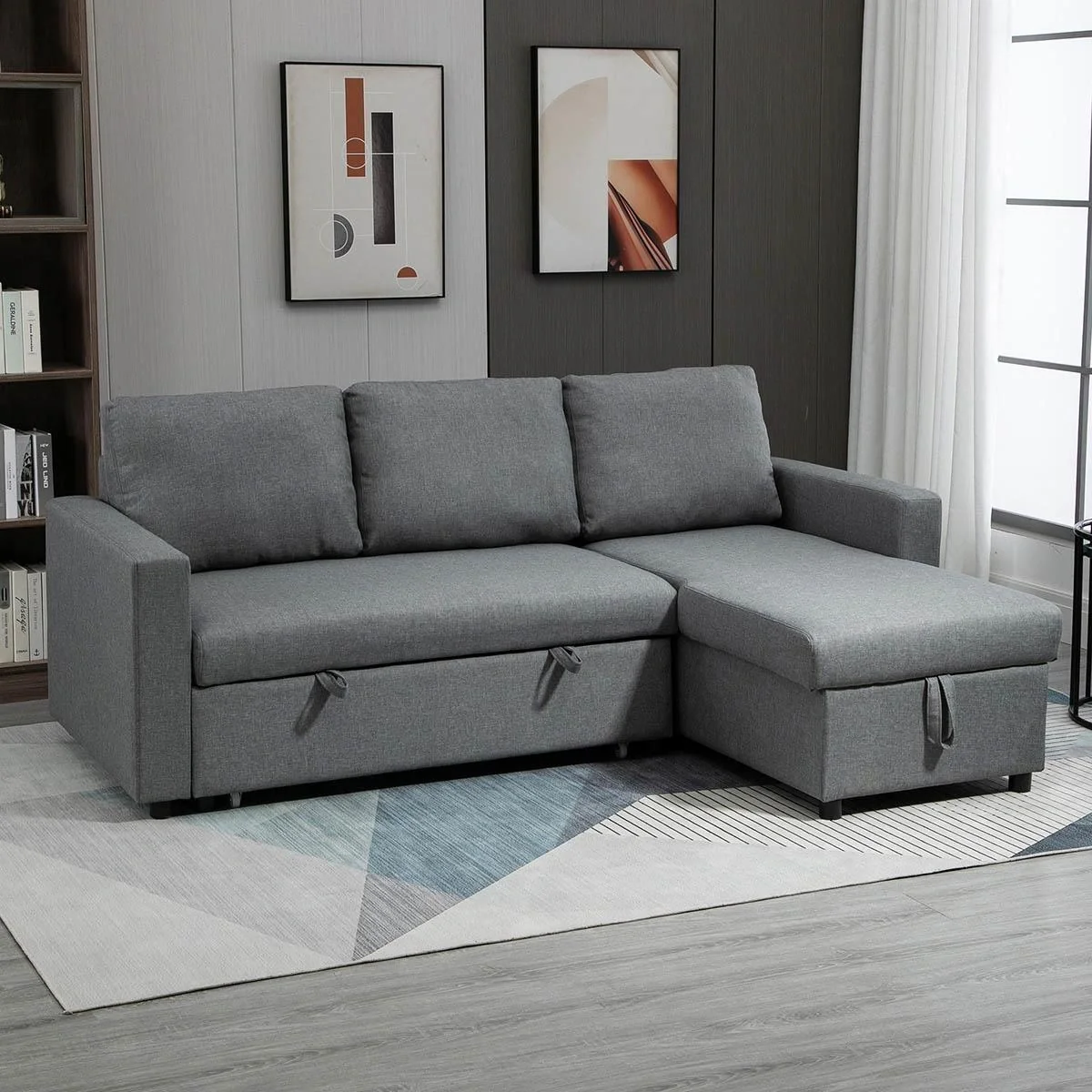 Ecksofa mit Schlaffunktion Stauraum Eckcouch mit Bettkasten Chaiselongue Schlafsofa Stoffsofa L-Form Leinen-Touch Hellgr - 5