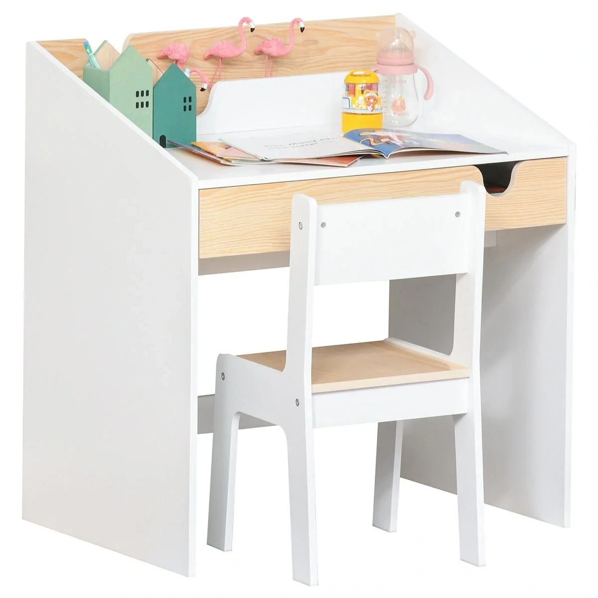 2-tlg. Kindersitzgruppe mit Kindertisch Stuhl für 6-10 Jahre Kindermöbel MDF Weiß+Natur 70 x 50 x 75 cm - 4