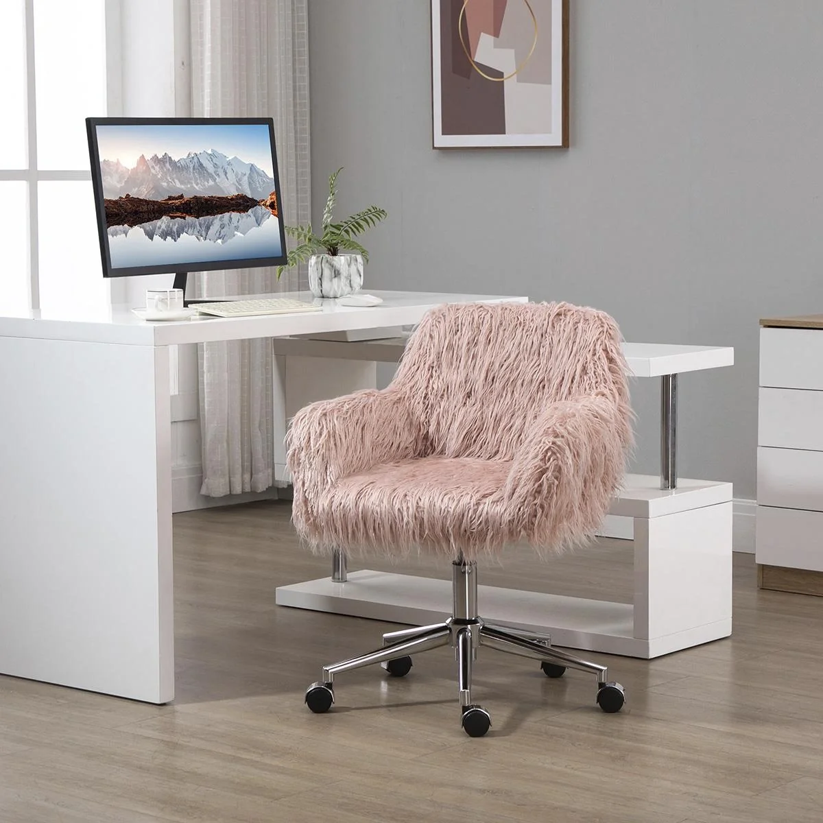 Chefsessel Drehstuhl Computerstuhl Sitzhöhenverstellung für Mädchen Kunstpelz Schaumstoff Rosa+Silber 57 x 60 x 75-85 cm - 4