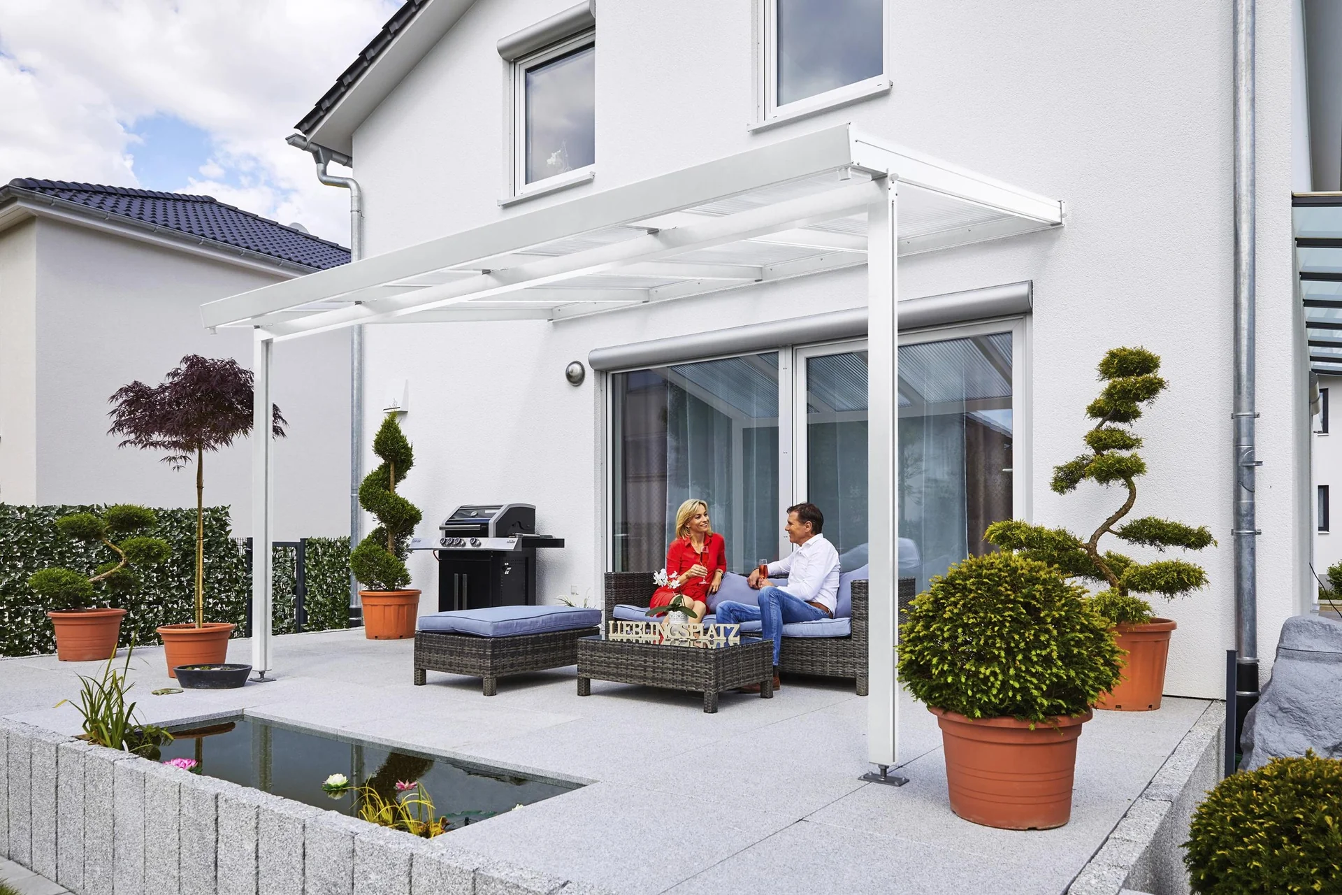 Terrassendach Premium, weiß, 4102 x 3060 mm - Acryl Stegplatten 16mm, klar - 4
