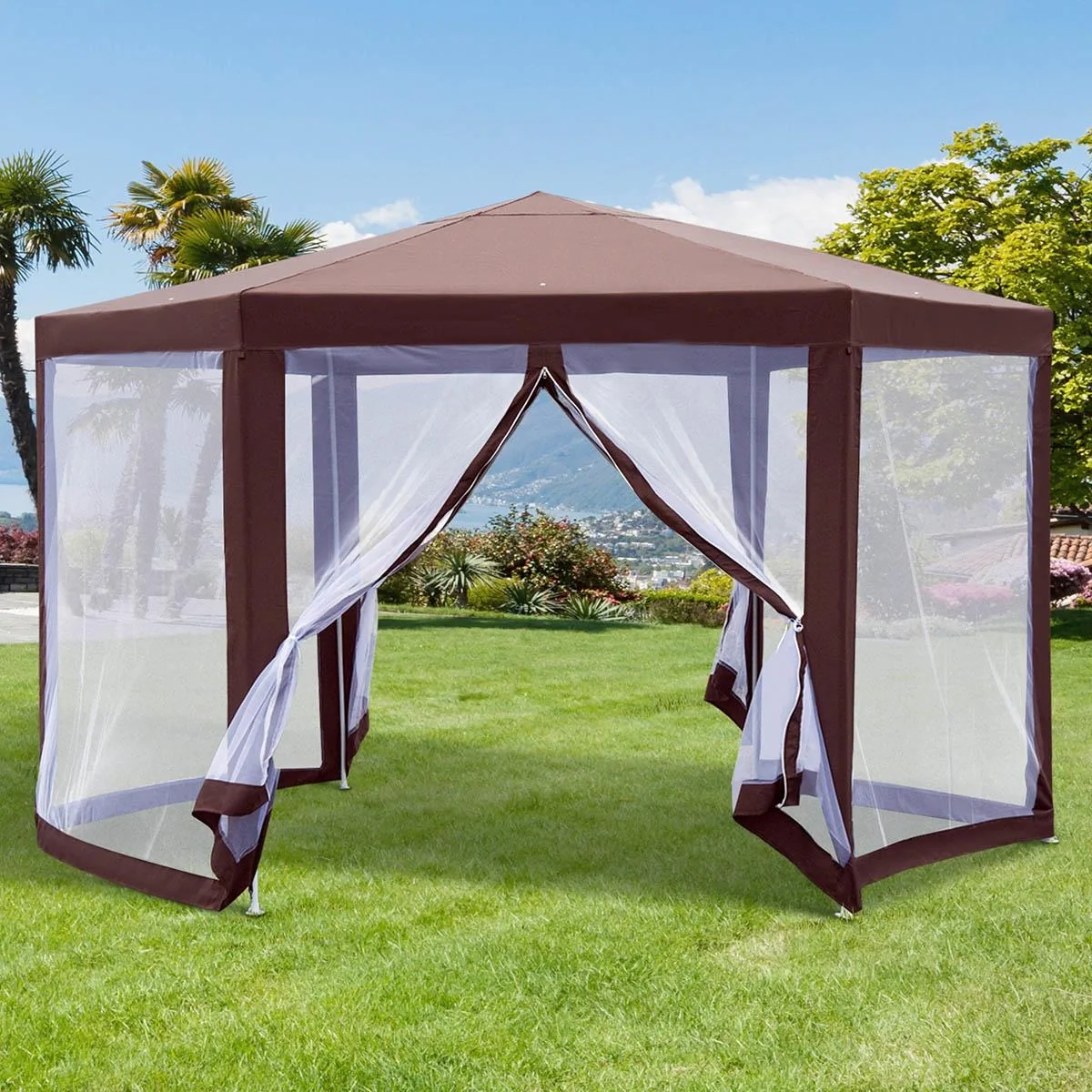 Pavillon Gartenpavillon mit Moskitonetz Partyzelt Gartenzelt Festzelt Zelt 6-eckig Polyester+Metall Braun 390x390x250cm - 5