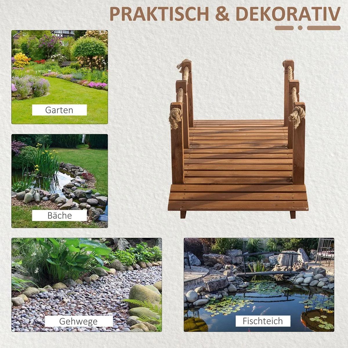 Gartenbrücke 1,5 m Holzbrücke begehbar Holzsteg Teichbrücke Zierbrücke mit Geländer Seil bis 200 kg Massivholz Natur - 6